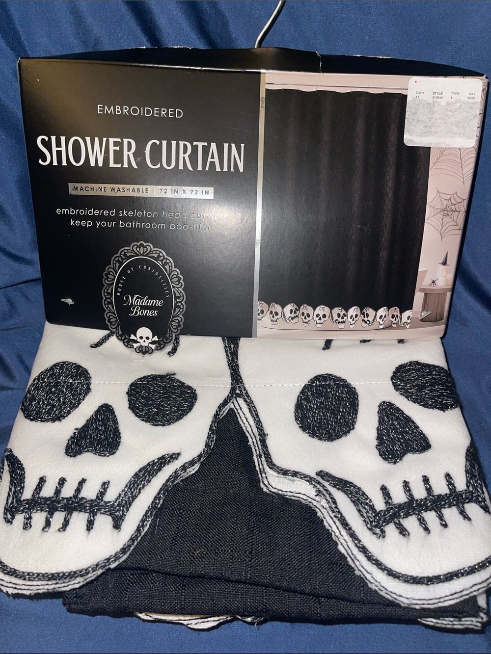 Madame Bones Black & White Embroidered Skull Shower Curtain